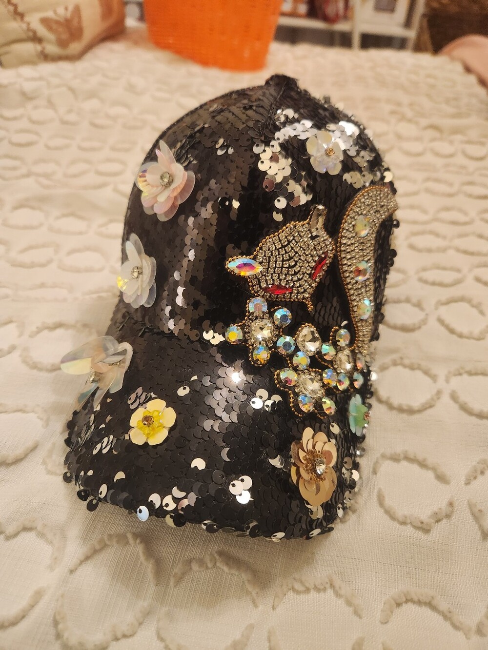 Fox Embellished Black Sequin Baseball Cap with Floral and Crystal Accents